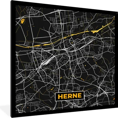 Produktbild von MuchoWow® Gerahmtes Poster Herne - Stadtplan - Deutschland - Karte - Gold 40x40 cm - Poster mit Schwarzem Bilderrahmen Wandposter Rahmen Foto Bilder - Mit Rahmen - Wanddekoration Schlafzimmer