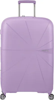A light purple American Tourister trolley suitcase is shown against a white background.