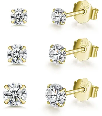 Produktbild von Ohrstecker Set 925 Sterling Silber Vergoldet 3 Paar Zirkonia 2/3/4mm Hypoallergen