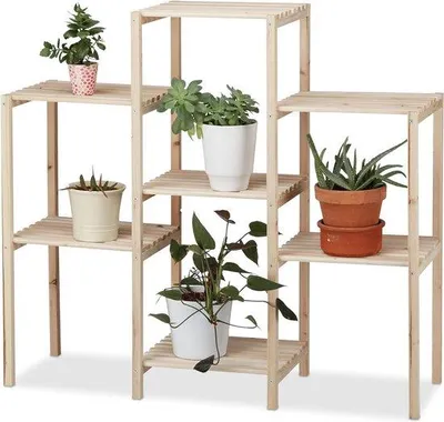 Image de Étagère à plantes en bois pour l'intérieur - étagère stable pour plantes - étagère à fleurs - escalier pour plantes - 86 x 95 x 29 cm - naturel