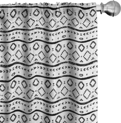 Obrázek produktu pro ABAKUHAUS Černé a bílé závěsy, záclony, grunge kompozice orientálních geometrických motivů trojúhelníků a pruhů, 2 kusy 75 x 225 cm, bílá černá