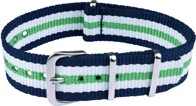 Produktbild von ClassicWatchStraps Nylon Uhrenarmband - Blau/Weiß/Grün, 22 mm, Silber poliert