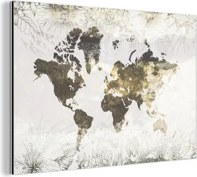 Obrázok produktu pre Nástenná dekorácia Kovový kovový obraz Wall Art 90x60cm Mapa sveta - Kvety - Zlato Muchowow Hliníkové obrazy