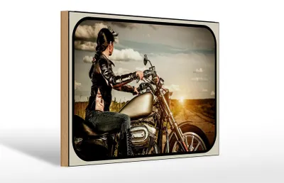 Produktbild von Holzschild Motorrad 30x20cm Frau Girl Sonnenaufgang