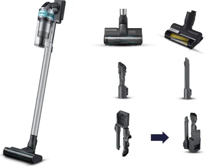 A collage of a cordless vacuum cleaner and its various attachments, against a white background.