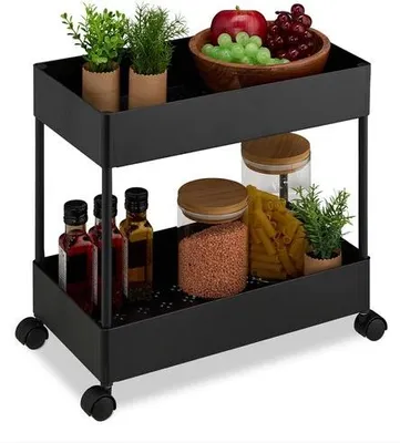 Produktbild von Famanu Trolley mit 2 Ebenen, praktischer Servierwagen aus Kunststoff für Küche, Bad und Büro, HxBxT: 38 x 39,5 x 21,5 cm, schwarz