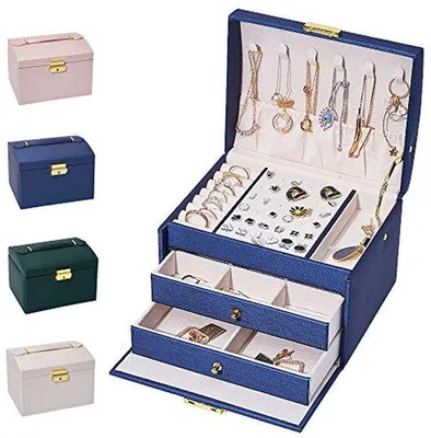 Obrázek produktu pro Šperkovnice – Organizér na šperky – Úložný box na šperky – Uzamykatelný na klíč – 17 x 14 x 13 cm – Tmavě modrá