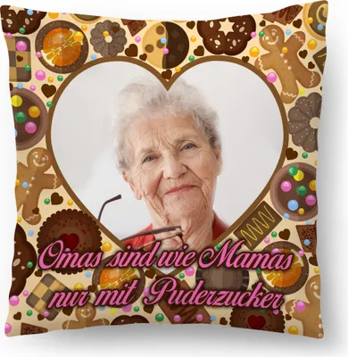 Obrázok produktu pre Personalizovaný FOTODARČEK, 45 x 45 cm, s vlastnou fotografiou, fotovankúš k narodeninám babičky, „Babičky sú ako mamičky s cukrovou polevou“, s výplňou