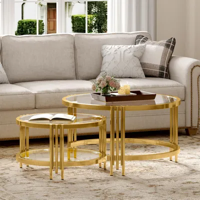 Produktbild von STILVORA Runden Couchtisch Set Gold, Beistelltisch Set flexibles 2er-Set für gemeinsame oder separate Nutzung, Sofatisch mit Glasplatte