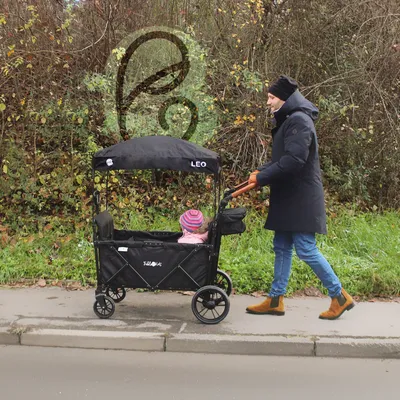 A man pushes a wagon with a child in it along a sidewalk next to a wooded area.