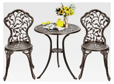 Produktbild von 3-teiliges Bistroset mit Bistrotisch und 2 Stühlen, Gartenmöbelset aus Aluminium, antikes Gartenset, runder Gartentisch, Balkonmöbelset, Sitzgruppe für 2 Personen, Outdoor in Bronze