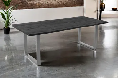 Produktbild von Esstisch Josy | 220 x 100 cm | Holz-Optik in Grau | U-Gestell Metall Silber | 40 mm Tischplatte mit Baumkante | Tisch für Esszimmer & Küche