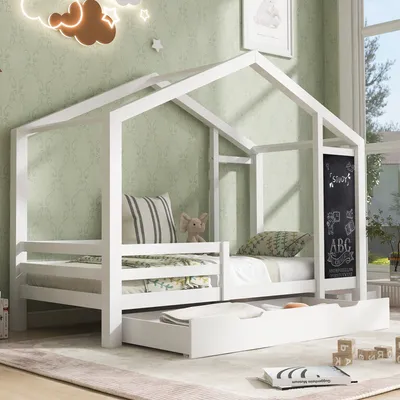 Immagine prodotto di okwish lettino a casetta 90 x 200 cm, lettino in legno con pannello e 2 cassetti, in legno massello con sponda e rete a doghe, bianco (senza materasso)