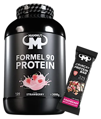 Produktbild von Mammut Nutrition - Formel 90 Protein 3000 g Dose - 120 Portionen Eiweiß + GRATIS Protein Bar (Raspberry White Chocolate), Geschmack: Strawberry