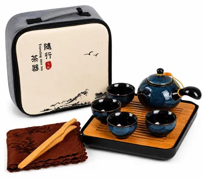 Image de Service à thé en céramique : 1 théière, 4 tasses, 1 plateau à thé, couleur bleu