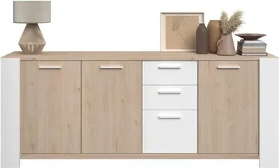 Image de Buffet bas LOFT, 3 portes, 3 tiroirs, Chêne et Blanc, 220x52x87 cm, PARISOT