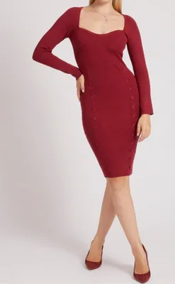 Zdjęcie produktu dla GUESS damska sukienka sweter bodycon czerwona, dekolt serce, długi rękaw, rozmiar M