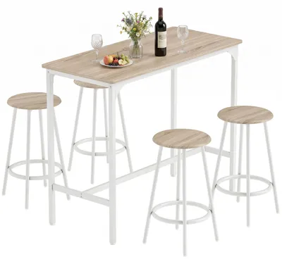 Productafbeelding van 5-delige bartafelset voor 4 personen, industriële staande tafel met krukken voor keuken en eetkamer, eikenhout