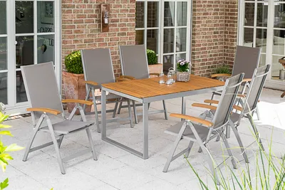 Produktbild von Merxx Gartenmöbelset Naxos, 7-teilig, 6 Klappsessel, 1 Ausziehtisch mit Flügelmechanismus, silber/grau/braun, 2x1 Textilgewebe, geöltes Akazienholz, pulverbeschichtetes Gestell. Sessel HxBxT 65x58.5x110.5 cm, Tisch LxBxH 150(200)x90x74 cm