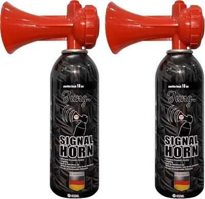 Produktbild von JUNG Signalpfeife Air Horn 2er Set Druckluftfanfare 400ml Signalhorn Fanfare Fan Artikel, (Deutschland Fussball WM 2026, Fanartikel Frauen & Männer)