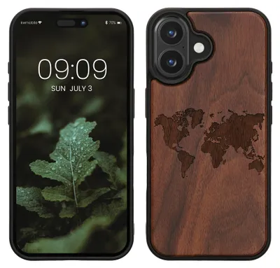 Produktbild von kwmobile Handyhülle für Apple iPhone 16 Hülle Holz - Case mit TPU Bumper - Stoßfestes Hardcase - Schutzhülle Cover in Dunkelbraun