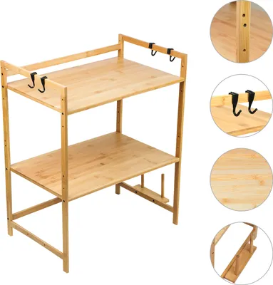 Produktbild von 2 Ebenen Mikrowellenhalter aus Bambus Küchenregal Mikrowelle Küchenarbeitsplatten Organizer 55x35x67cm