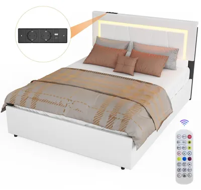 Immagine prodotto di Letto con contenitore 90x200 cm - Letto imbottito - Illuminazione a LED - Cassetti - Bianco