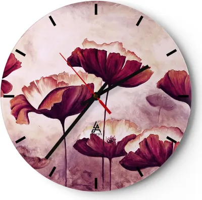 Produktbild von Wanduhr - Rund - Glasuhr - Mohn Blume Wiese - 40x40cm - Schleichendes Uhrwerk - Lautlos - zum Aufhängen bereit - Dekoration Modern - Wanddekoration aus Glas - C3AR40x40-3934