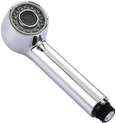 A chrome-plated kitchen faucet spray head with multiple spray nozzles.
