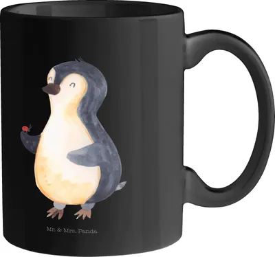 Produktbild von Mr. & Mrs. Panda Kaffeebecher Pinguin Marienkäfer - Schwarz - Geschenk, kaffeetasse keramik, Aufmerksam, schöne tasse, Lebensfreude, Becher, Glück, Teebecher, Liebe