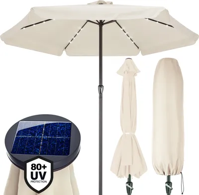 Produktbild von KINGSLEEVE® Sonnenschirm LED Beleuchtung UV Schutz 80+ Solar Schutzhülle 330cm Groß Kurbel Volant Balkon Terrasse Gartenschirm Marktschirm Creme