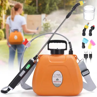 Produktbild von GOCHIFIX Elektrischer Gartensprüher 8L Akku Drucksprüher USB Wiederaufladbar mit 4 Düsen Teleskoplanze Schultergurt für Garten Pflanzen Rasen, Orange
