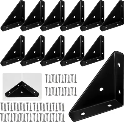 Produktbild von Winkel Eckwinkel Metall Schwarz, 12 Stück Eckverbinder, Winkel Befestigung Holz 90 Grad, Kaltgewalzte Stahlstreben mit Schrauben, Eckverbinder Möbelbau, Verbindungsstütze für Schreibtischbettkante