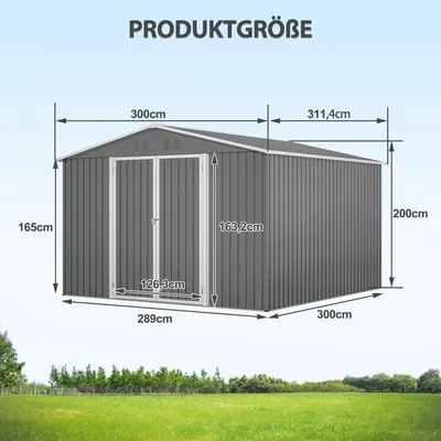Produktbild von Metall-Geräteschuppen 300 x 311 x 200 cm, 10'x10', mit Bodenrahmen, abschließbaren Türen, wetterfest, Grau