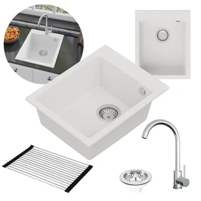 Produktbild von GranMaster Granitspüle Weiß Set mit Stahlbatterie mit U-förmigem Auslauf, ausrollbare Abtropfmatte und Platzsparender Siphon mit Überlauf, Einbeckensp