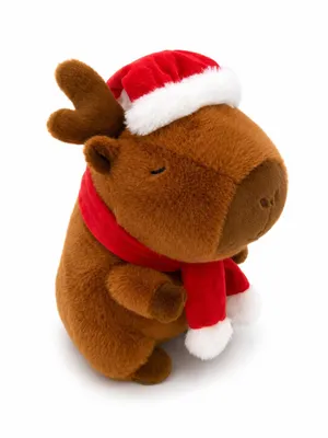Produktbild von Weihnachts Capybara Kuscheltier mit Rentiergeweih Weihnachtsmütze und Schal 25 cm Plüschtier Stofftier Geschenk für Kinder