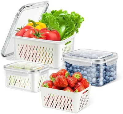 Produktbild von Kühlkastbehälter 3er Set, stapelbar, für Gemüse und Obst, mit Abflussrohren