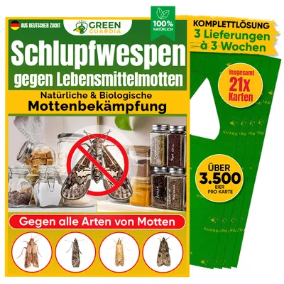 Produktbild von Schlupfwespen gegen Lebensmittelmotten, 7 Karten x 3 Lieferungen (21 Karten), GreenGuardia, der  Mottenschutz. Alternativ zu:Mottenfalle,Klebefalle