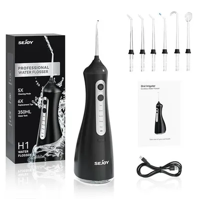 Immagine prodotto di Idropulsore orale - Idropulsore portatile - Senza fili - Serbatoio da 350 ml - 6 modalità - Impermeabile IPX7 - Batteria da 1000 mAh - Set con 5 beccucci - Nero