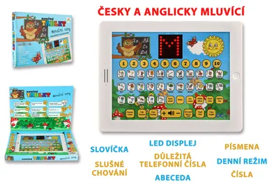 Obrázok produktu pre Vzdelávací tablet múdre sovy dvojjazyčný CZ+AJ plast 24x19x2cm na batérie so zvukom v krabici 32x23x3cm