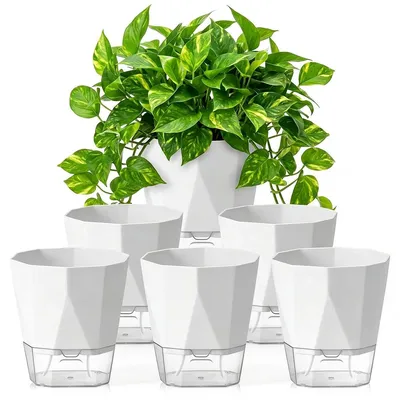 Image de Pot autoarrosante - Blanc - 17 x 19 cm - Lot de 6 - Pour plantes d'intérieur et balcon