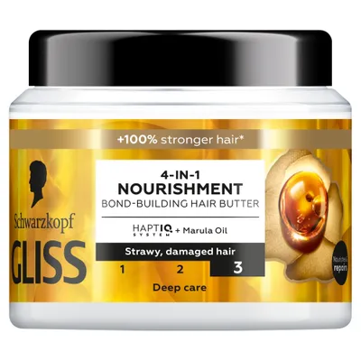 A product shot of a hair butter jar with branding and product information.