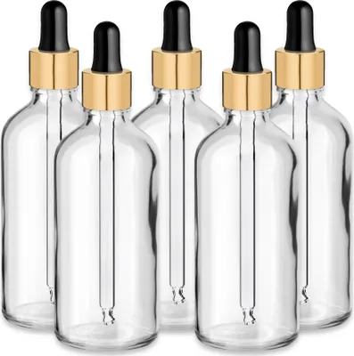 Produktbild von x5 Glasflasche klar 100 ml mit goldener Aluminiumpipette leer für Öl