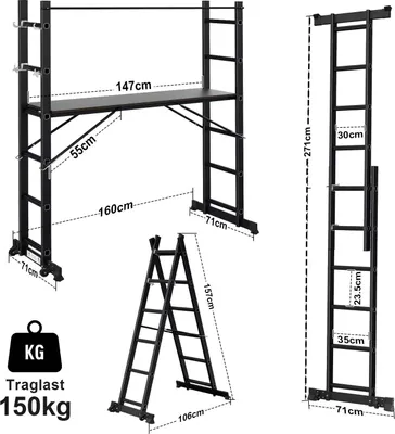 Produktbild von Bettizia Arbeitsgerüst Baugerüst Arbeitsbühne Leiter Gerüst Stehleiter Multigerüst,Schwarz