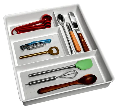 Produktbild von Klassischer Organizer für Schubladen mit 4 Fächern, Kunststoff-Aufbewahrungsbehälter in Weiß
