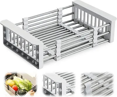 Produktbild von MODFU Spülen, Verlängerbarer Spülbecken Abtropfkorb Geschirrkorb Edelstahl Küchenspüle Organizer Abtropfgestell Besteckkorb, Grau