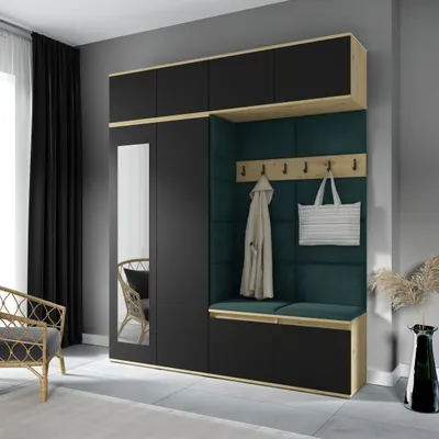 Produktbild von Garderoben-Set NIKOLA Kleiderschrank mit Polsterplatten, Schuhschrank und Schrankaufsatz 90 cm Flur und Eingangsbereich (Artisan/Schwarz, Trinity 28)