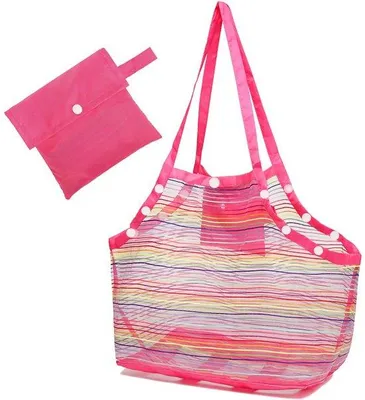 Produktbild von Ibenzoa® XXL faltbare Strandtasche – leichte Strandtasche mit verstärktem Netzboden, 45 x 30 cm, pink, 12 kg Tragkraft, 100 g, faltbar 13 x 13 cm