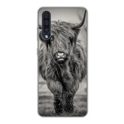 Produktbild von MuchoWow® Handyhülle Schutzhülle Hülle für Samsung Galaxy A30s Schottischer Highlander - Schwarz und Weiß Silikon Softcase Handy Hülle - Karteninhaber