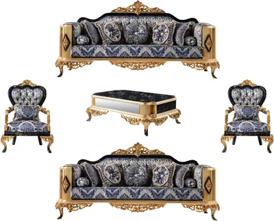 Produktbild von Casa Padrino Luxus Barock Wohnzimmer Set Blau / Schwarz / Gold - 2 Barock Sofas & 2 Barock Sessel & 1 Barock Couchtisch - Luxus Wohnzimmer Möbel im Barockstil - Barock Möbel - Edel & Prunkvoll